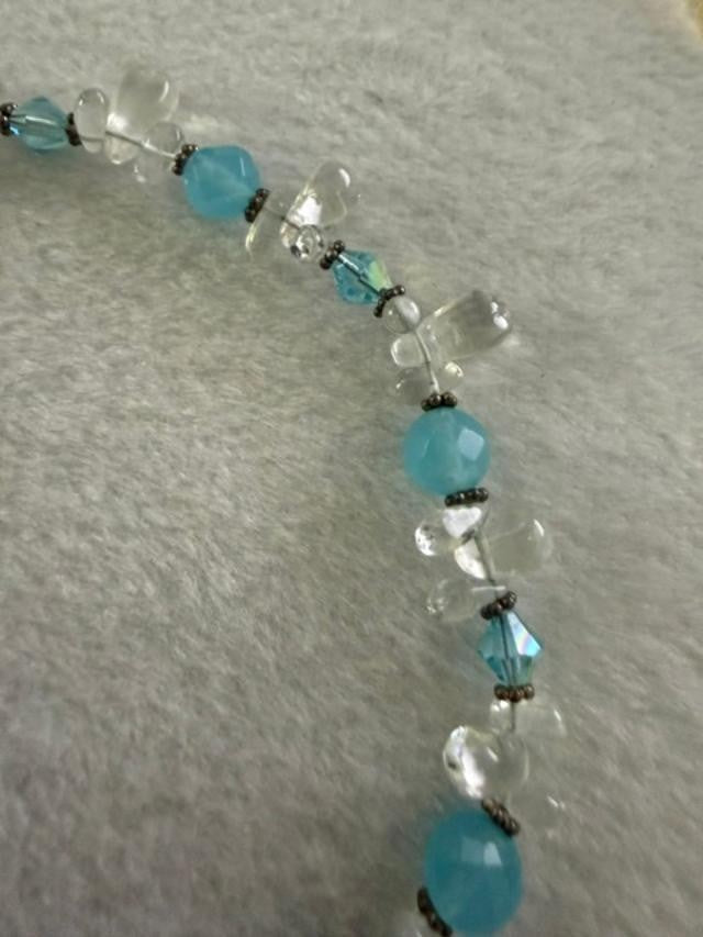 Handmade Aqua Glass Teardrop Pendant Necklace Clear Glass Crystal Beads 17"