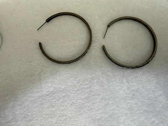 Vtg Hoop Earrings Multi-color Iridescent Rhinestones black metal