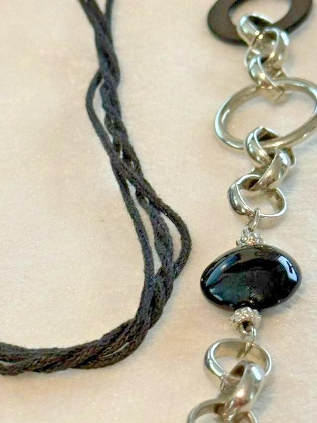 Black Cord Silver Tone Oval Link Statement Necklace 40 Inch Long