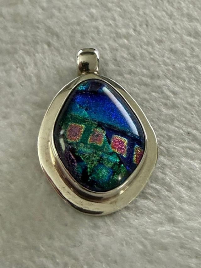 Mexico 925 Sterling Silver Dichroic Glass Pendant Blue Green Teardrop 1.25"