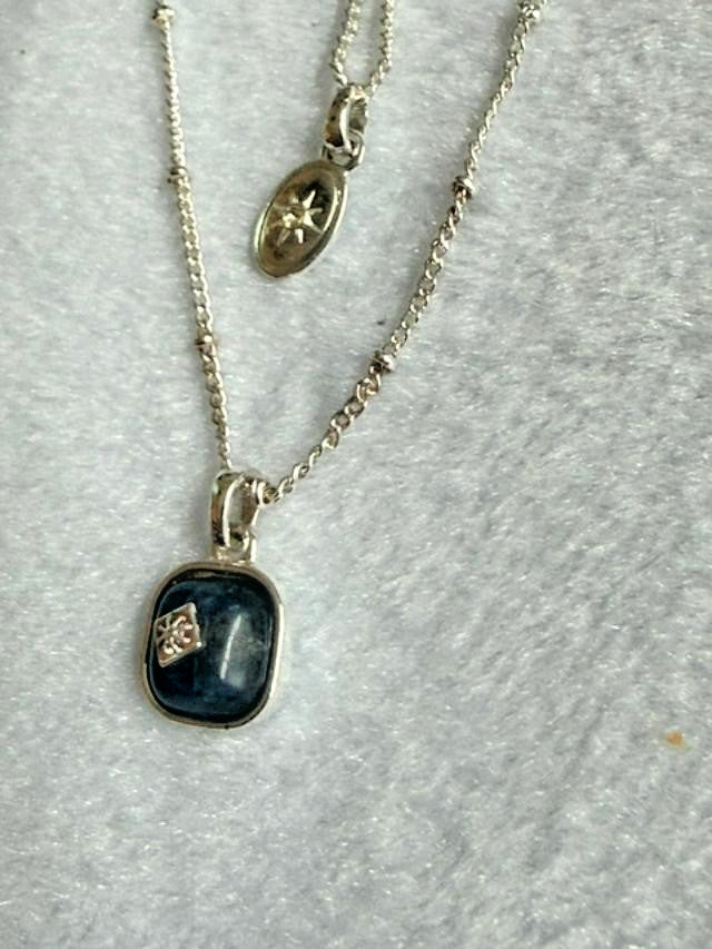 Avon Silver Tone Layered Black Cabochon Starburst Pendant Necklace 16"