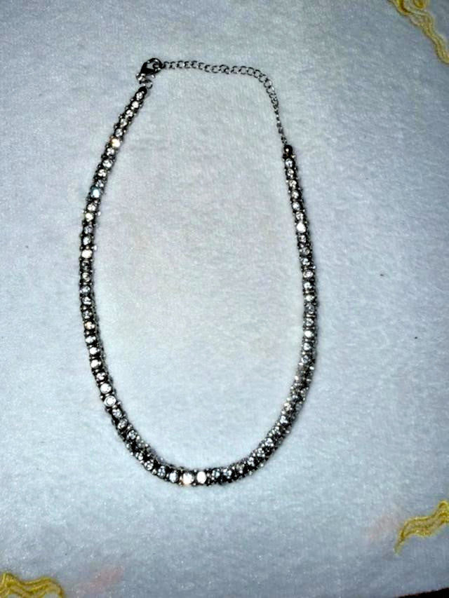 Silver Tone Clear Rhinestone Tennis Choker Necklace 13-16" Adjustable