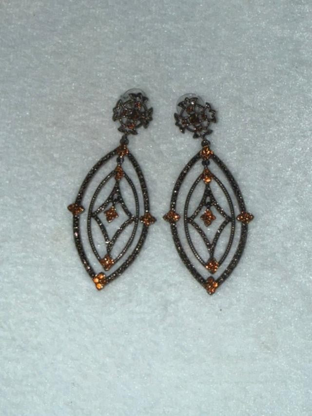 Art Deco Style Gunmetal Cognac Rhinestone Openwork Dangle Earrings 3 Inch