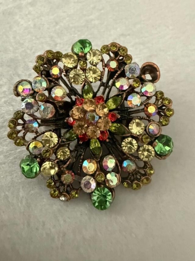 Vintage Style Rhinestone Flower Brooch Pin Green AB Crystal 2" Repurposed