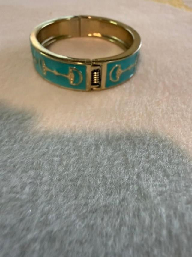 Vintage Turquoise Enamel Rhinestone Hinged Bangle Bracelet Gold Tone se