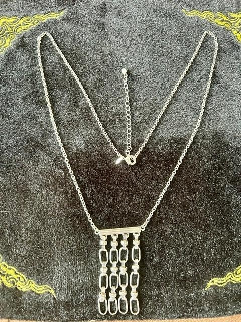Signed Avon Silver Tone Geometric Rhinestone Fringe Necklace 31"