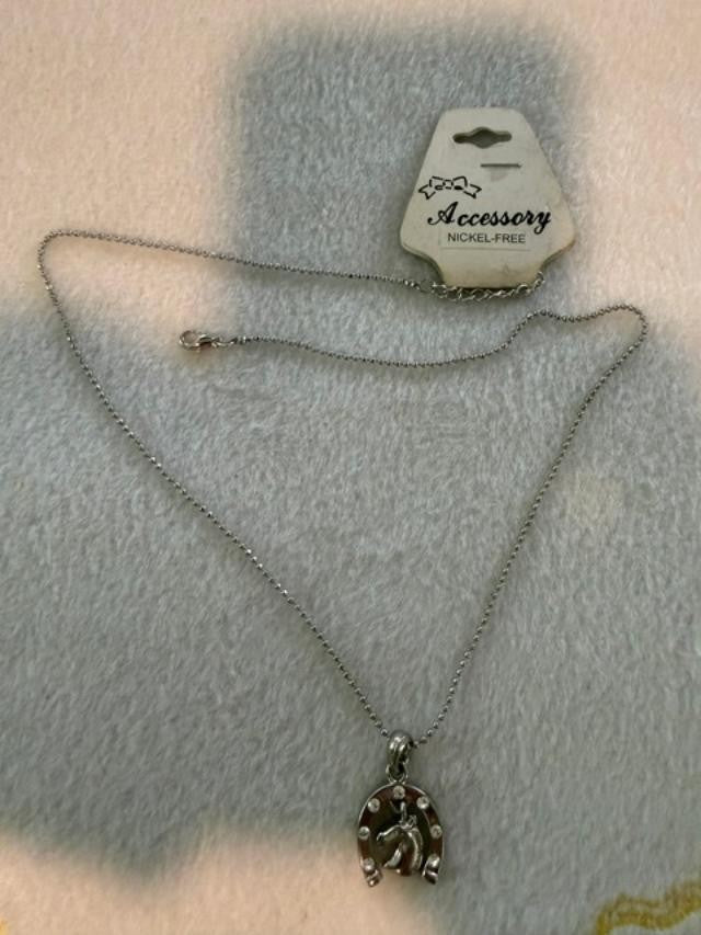 Vintage Equestrian Charm Necklace Silver Tone Horse & Horseshoe - 18 Inch
