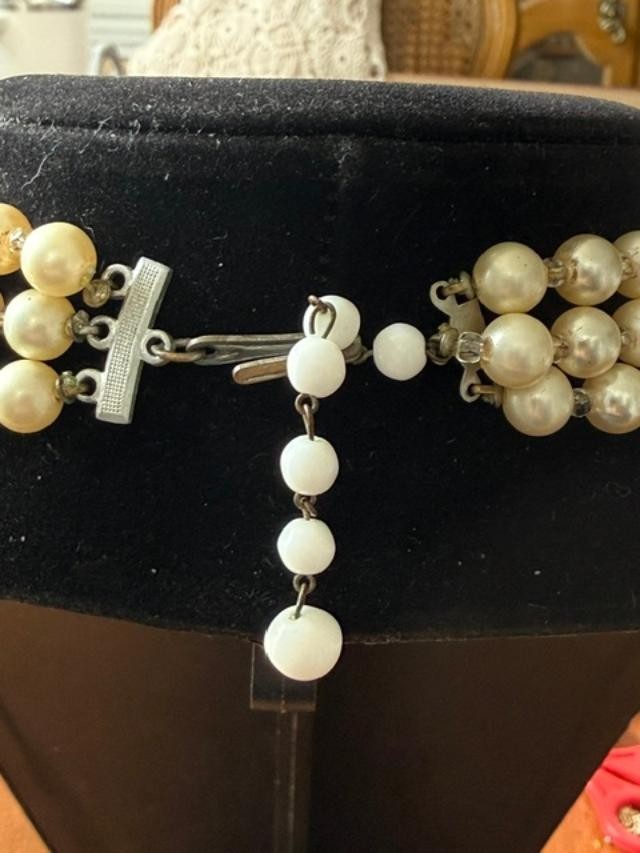 Vintage Multi Strand Necklace White Faux Pearls Aurora Borealis Crystal Beads