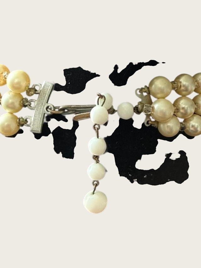 Vintage Multi Strand Necklace White Faux Pearls Aurora Borealis Crystal Beads