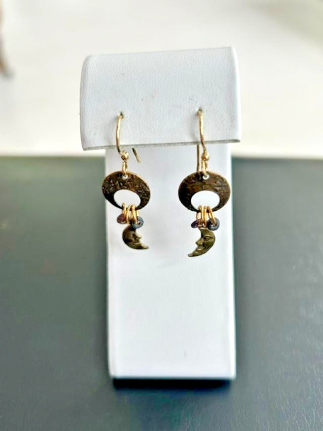 Antiqued Gold Tone Crescent Moon Beaded Boho Dangle Hook Earrings
