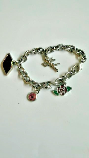 Silver Tone Cherub Angel Rose Pink Crystal Enamel Charm Bracelet