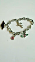 Silver Tone Cherub Angel Rose Pink Crystal Enamel Charm Bracelet