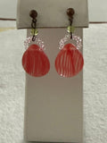 Vintage Pink Striped Art Glass Dangle Earrings Green Glass Accents 1" Pierced