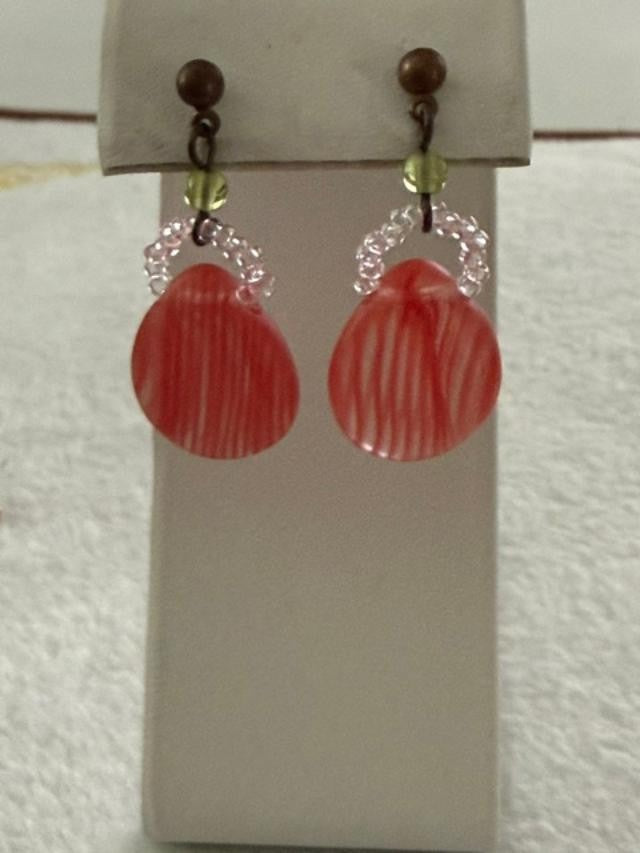 Vintage Pink Striped Art Glass Dangle Earrings Green Glass Accents 1" Pierced