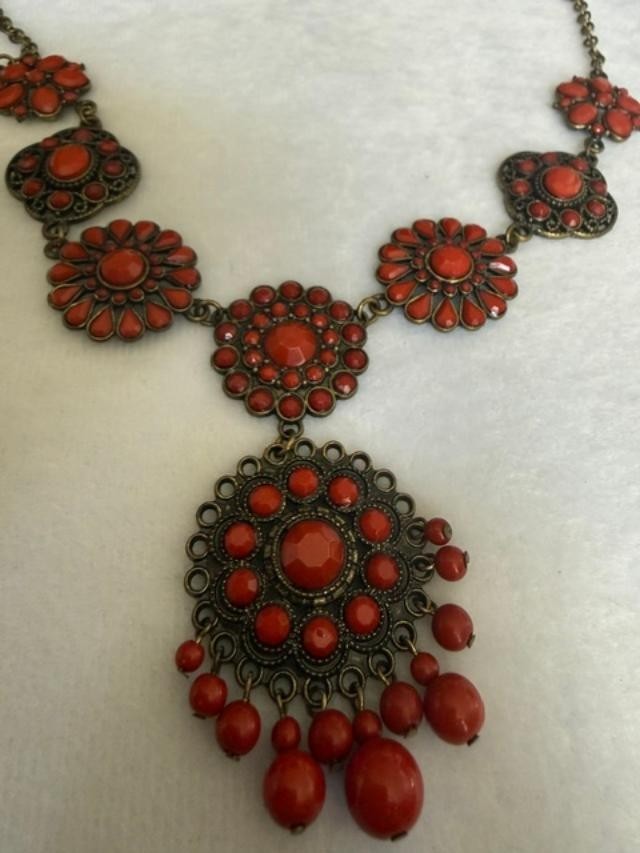 Orange Faux Coral Filigree Boho Statement Necklace 23" + 3" Extender