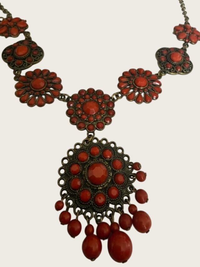 Orange Faux Coral Filigree Boho Statement Necklace 23" + 3" Extender