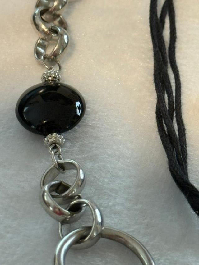 Black Cord Silver Tone Oval Link Statement Necklace 40 Inch Long