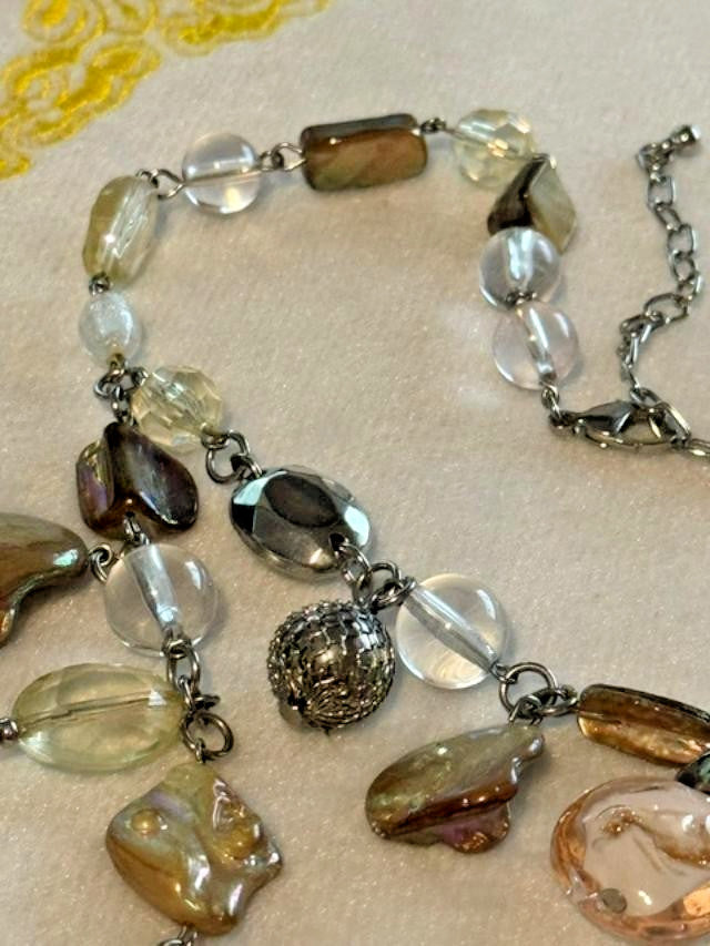 21" Multistrand Iridescent Shell Glass Bead Dangle Statement Necklace