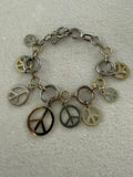 Mixed Metal Peace Sign Charm Bracelet 9" Boho Hippie Link Chain