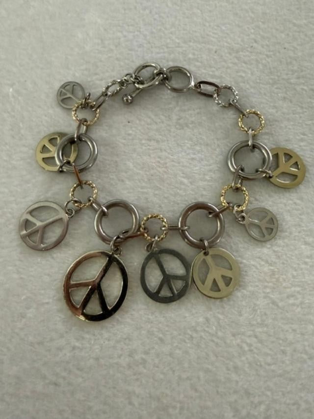 Mixed Metal Peace Sign Charm Bracelet 9" Boho Hippie Link Chain