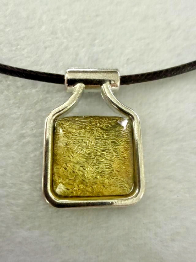 Artisan Art Glass Pendant Necklace 18" Brown Leather Cord Silver Tone Gold glass