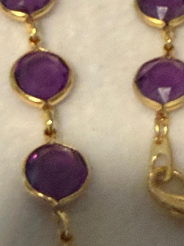 Vintage Purple Glass Bezel Link Necklace Faux Pearl Gold Tone 33"