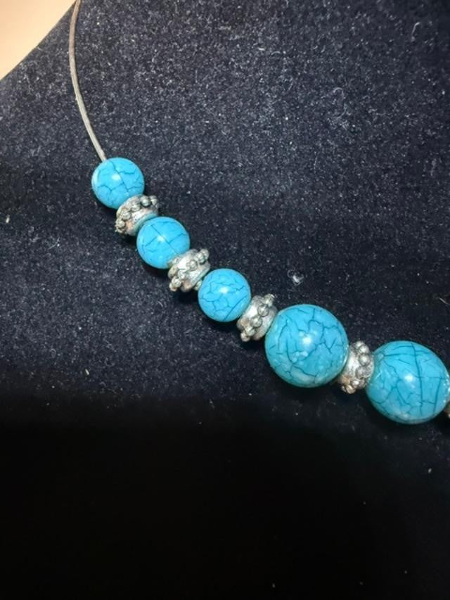 Turquoise Color Beaded Collar Necklac\e Rhinestone Spacers Costume Jewlelry