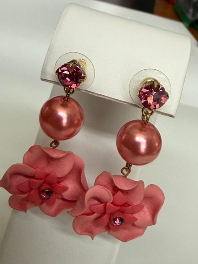Pair of pink floral statement dangle earrings featuring fuchsia rhinestone stud
