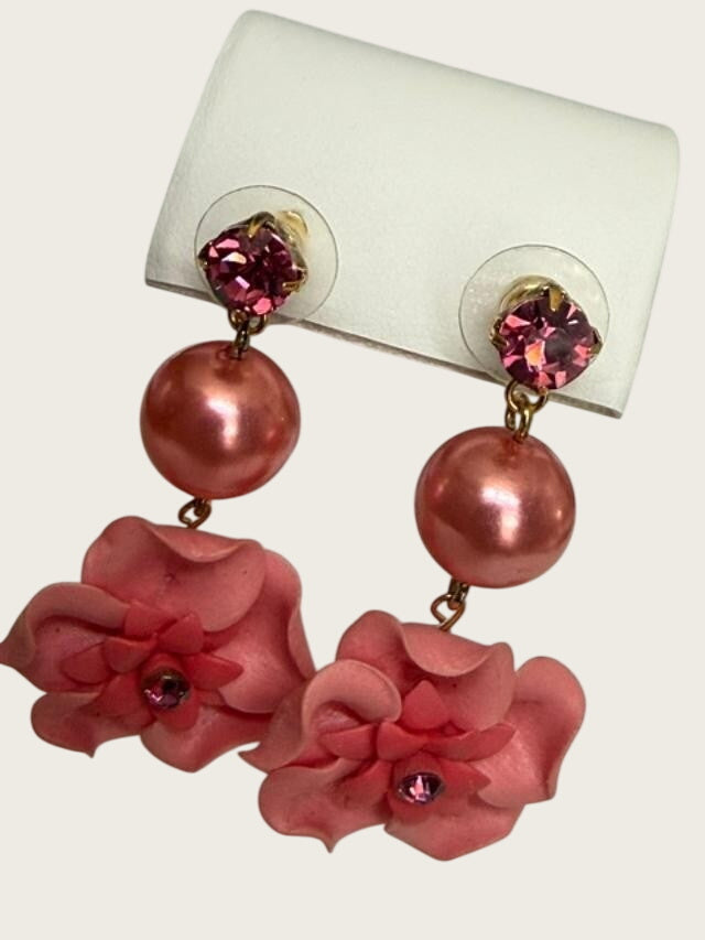 Pair of pink floral statement dangle earrings featuring fuchsia rhinestone stud