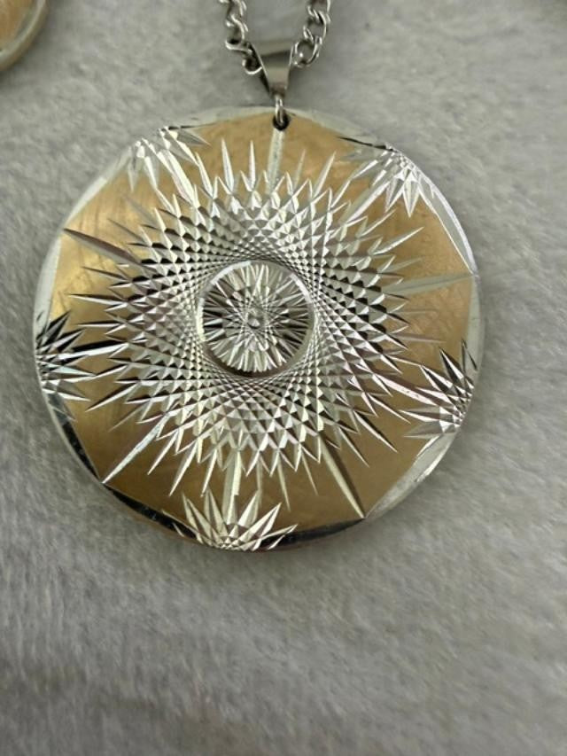 Vintage Silver Tone Sunburst Disc Pendant Necklace & Clip Earring