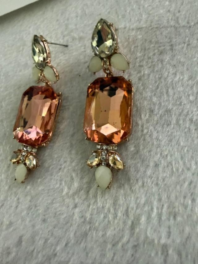 Peach Champagne Rhinestone Statement Drop Earrings Gold Tone 2.5"