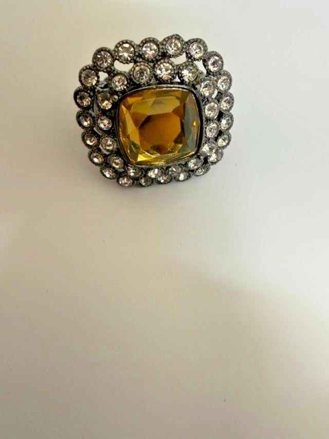 Amber Topaz Rhinestone Square Stretch Cocktail Ring Gunmetal Tone