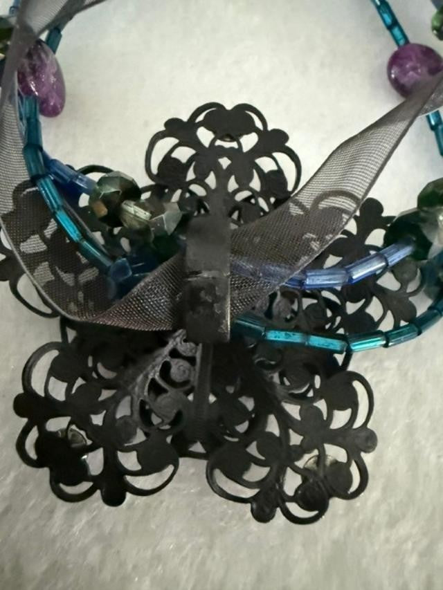 Lane Bryant Black Filigree Flower Statement Necklace AB Rhinestones 21" 2" Penda