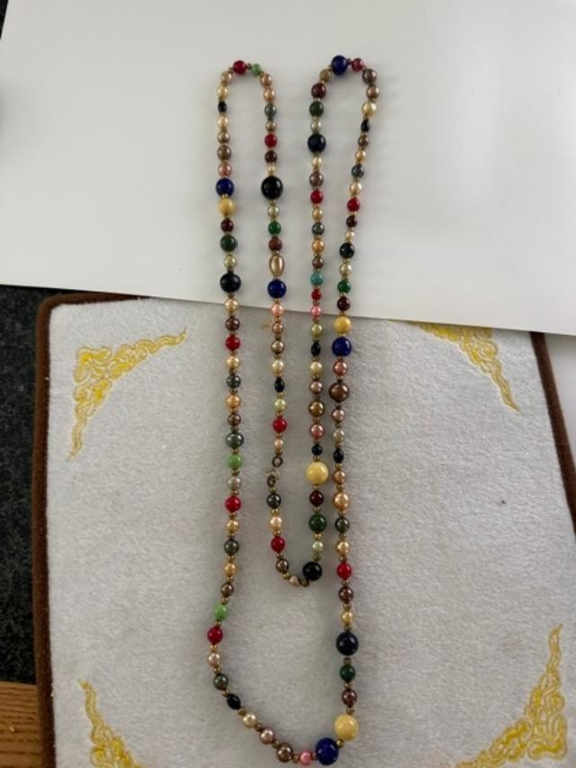Vintage Multi Gemstone Glass Beaded Long Strand Necklace Boho Colorful 34 Inch