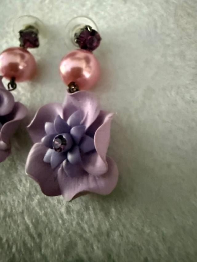 Pair of pink floral statement dangle earrings featuring fuchsia rhinestone stud