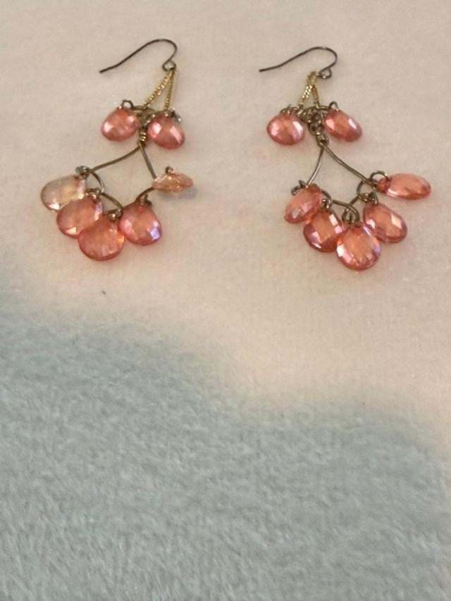 Pink Faceted Teardrop Bead Chandelier Earrings Antiqued Gold Tone Pierced
