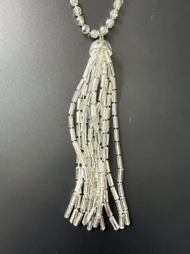 34" Silver Tone Beaded Tassel Necklace Opera Length Costume Jewelry