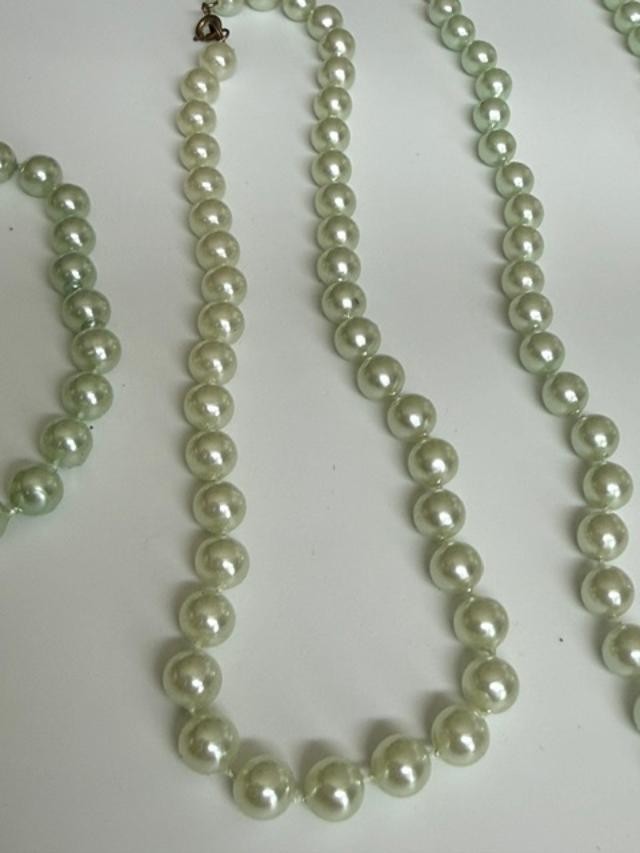 Pale Green Faux Pearl Necklace Bracelet Set Lot Seafoam Costume Jewelry