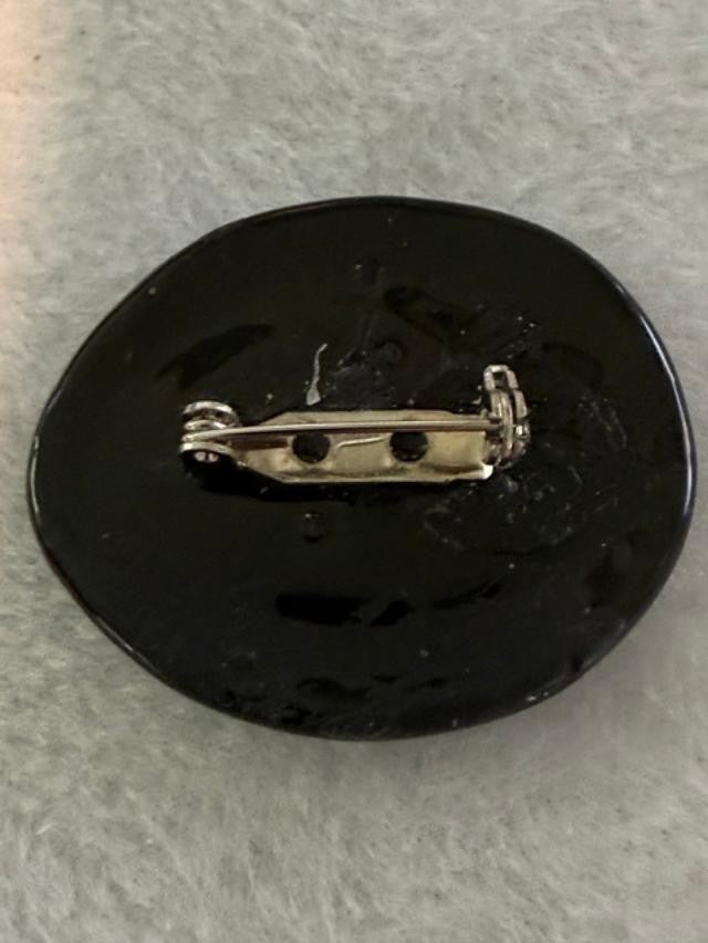 handmade OOAK black fused-glass brooch with small clear rhinestone