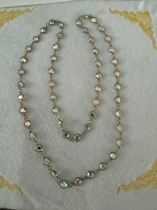 Gold Tone Aurora Borealis Crystal Station Necklace 17" Faceted No Clasp