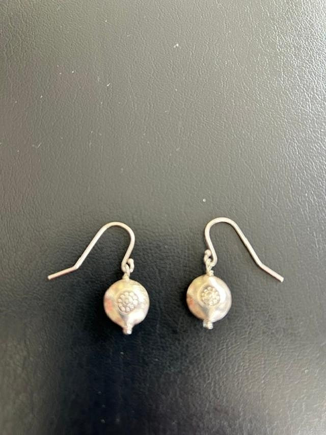 Silver-Tone Puffed Disc Rosette Dangle Earrings Fishhook