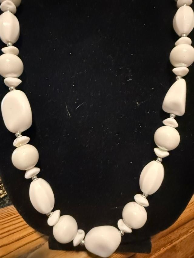 Vintage Long White Lucite Bead Necklace 31" Chunky Costume Jewelry