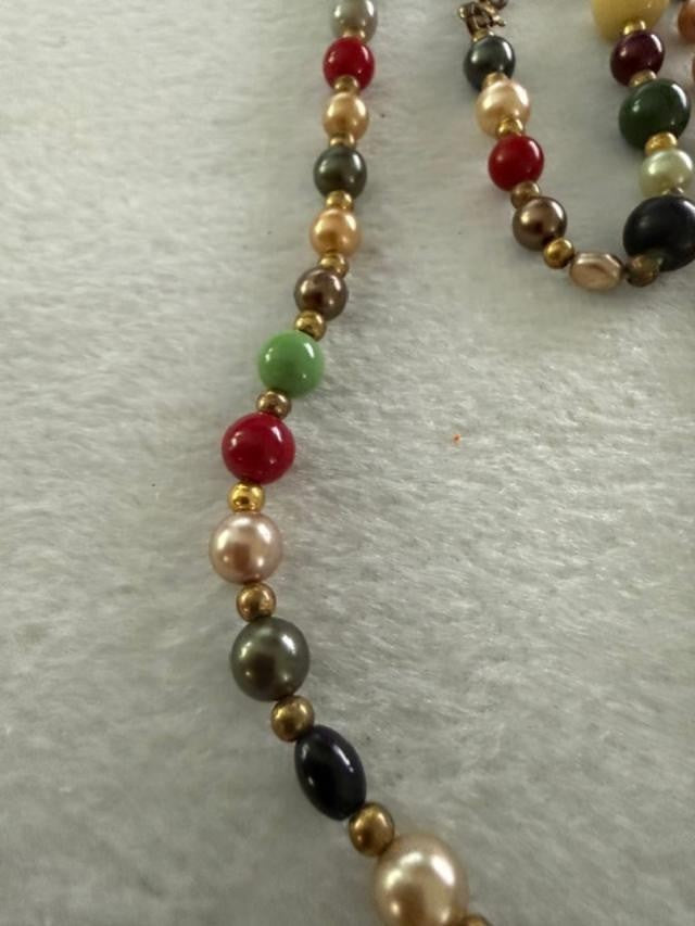 Vintage Multi Gemstone Glass Beaded Long Strand Necklace Boho Colorful 34 Inch