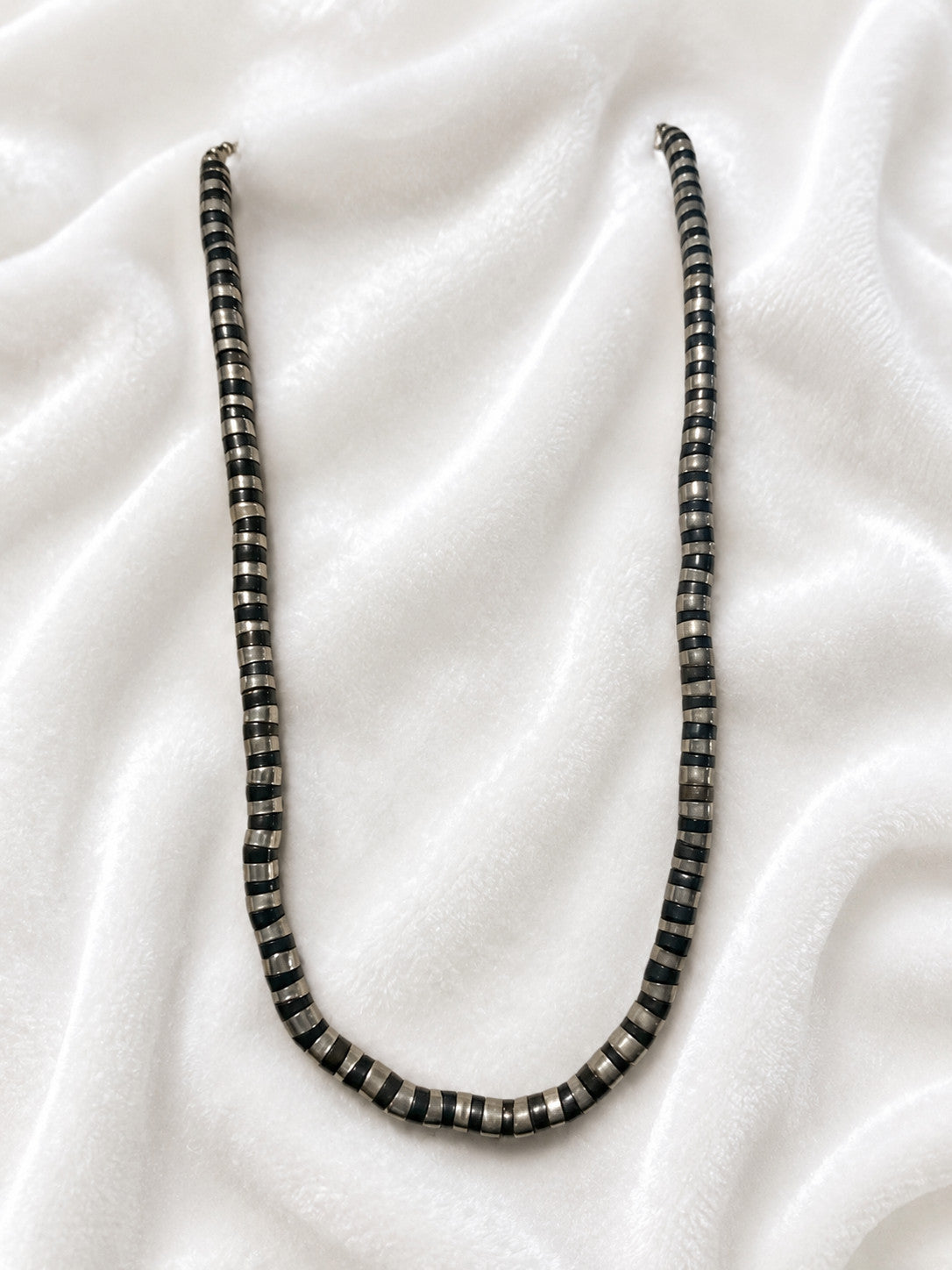 Vintage Hematite Heishi Bead Necklace 30" Gunmetal Silver Tone Boho