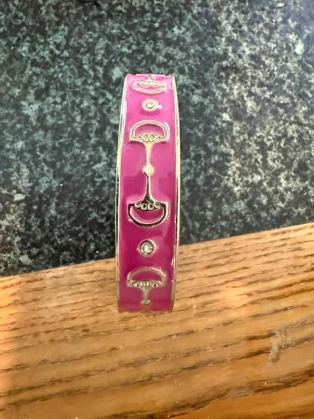 Vintage Pink Enamel Rhinestone Hinged Bangle Bracelet Gold Tone Art Deco Style