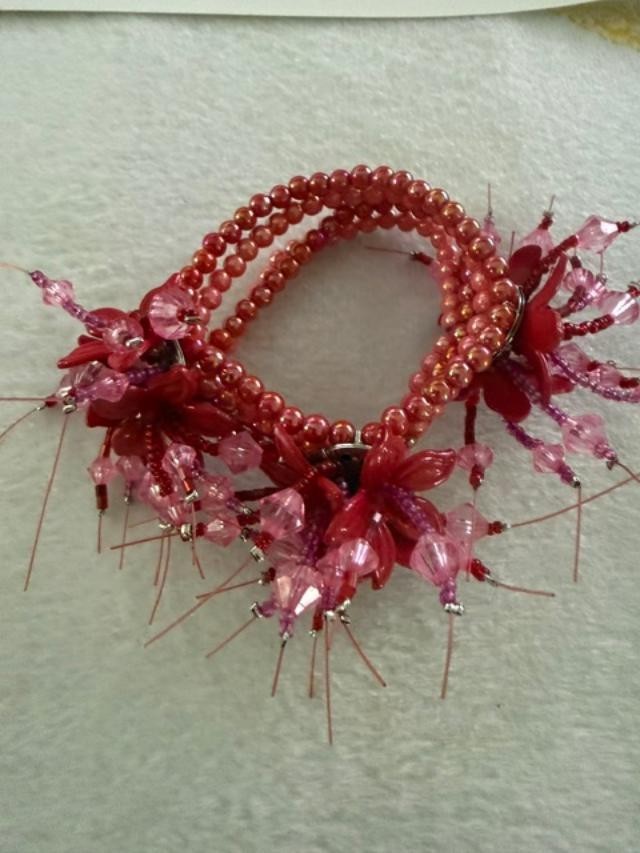 Handcrafted Pink Beaded Floral Stretch Bracelet Wired Crystal Statement