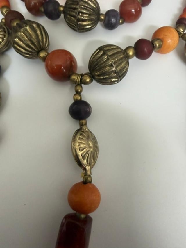 Boho Tribal Bead Necklace Earrings Set Orange Red Brass Tone Dangles