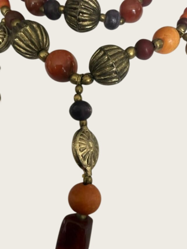Boho Tribal Bead Necklace Earrings Set Orange Red Brass Tone Dangles
