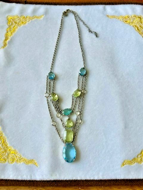 Express Aqua Blue Green Faceted Stone Multi Strand Necklace Silver Tone 19"