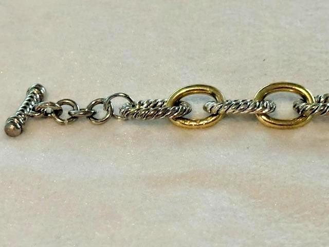 Two Tone Gold Silver Rope Textured Oval Link Bracelet 7 Inch